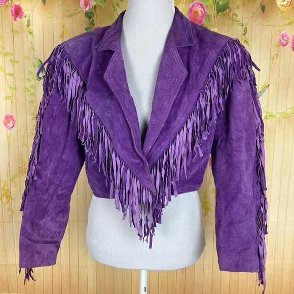 Vintage Jackets & Blazers - Vintage Winlit Purple Fringe Leather Jacket Size M